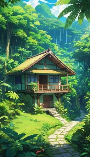 teahouse,house in the forest,forest house,summer cottage,home landscape,tropical house,ryokan,wooden house,dojo,lonely house,small house,cottage,golden pavilion,landscape background,house in the mountains,house in mountains,little house,studio ghibli,wooden hut,summer house,Illustration,Japanese style,Japanese Style 03