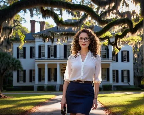 Architectural designer, female, 28yo, curly brown hair, black glasses, elegant makeup, white blouse, dark blue pencil skirt, heels, standing, Savannah GA, historic district, antebellum architecture, o