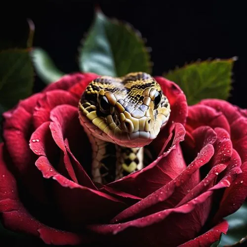 A snake made of roses, its head is like a rose bud, black background, intense volumetric rays of light from above, Canon EOS-7D X Mark II shallow depth of field ,romantic rose,red tailed boa,romantic 