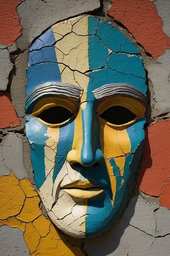 A cracked paint wall, multiple layers of different coloured paints, cracking falling apart , leaving the impression of a face but not a face, the face is formed from cracks and peeling paint. The face