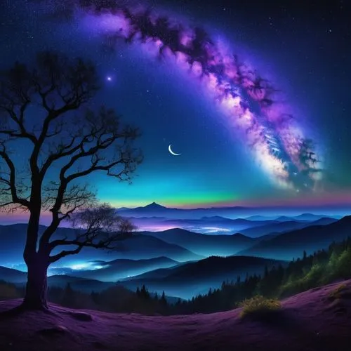 the night sky,purple landscape,night sky,astronomy,fantasy landscape,milky way,nightsky,starry sky,nothern lights,colorful stars,fantasy picture,the milky way,moon and star background,rainbow and stars,milkyway,fairy galaxy,nightscape,colorful star scatters,landscape background,galaxy collision,Illustration,Black and White,Black and White 23