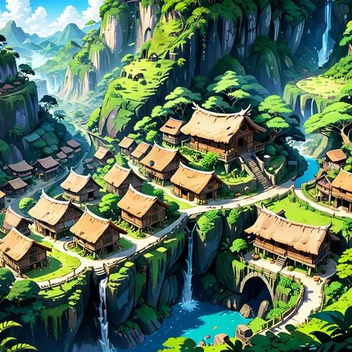 mountain village,tianxia,alpine village,villages,mountain settlement,aurora village,Anime,Anime,Traditional