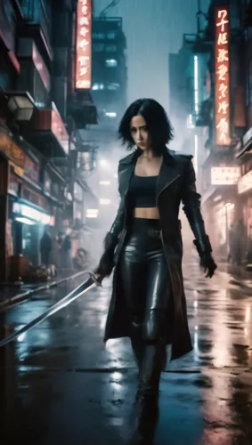 monsoon banner,cyberpunk,femme fatale,walking in the rain,girl with a gun,black city,underworld,katana,hong kong,shanghai,digital compositing,renegade,transistor,female hollywood actress,in the rain,girl with gun,kowloon,spy visual,katniss,huntress