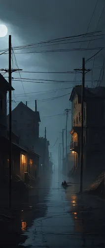 alleyway,evening atmosphere,backwater,alley,slums,rainstorm,rainy,night scene,atmosphere,atmospheric,blind alley,flood,post-apocalyptic landscape,harbor,docks,fishing village,rescue alley,thunderstorm,world digital painting,flooded,Conceptual Art,Sci-Fi,Sci-Fi 07