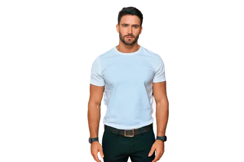 black hair, muscular man, fit body, strong jawline, handsome face, piercing eyes, trimmed beard, white shirt, black trousers, leather belt, silver watch, standing, confident pose, realistic shading, s