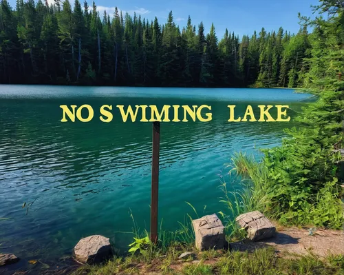 A haunted lake with a sign that says 'no swimming.' Write a short story about a group of friends who decide to defy the warning and what happens next.,no swimming,no swimming sign,two jack lake,no fis