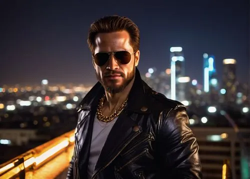 Mysterious Johnny Cage, Hollywood actor, charismatic smile, rugged beard, messy brown hair, aviator sunglasses, black leather jacket, white shirt, ripped jeans, bold gold chain necklace, confident pos