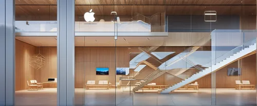 apple store style section, two floors section scale 1 to 50 with display screens and stairs made with glass on the left of the image ,apple store,modern office,apple desk,modern room,archidaily,interi