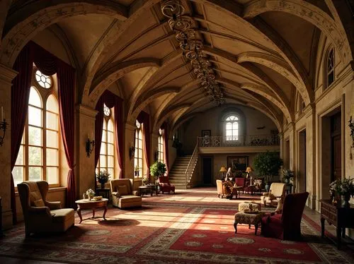 Grandiose castle, dramatic archways, intricate stone carvings, warm golden lighting, rich velvet drapes, ornate furniture, luxurious fabrics, lavish chandeliers, grand staircases, mysterious shadows, 