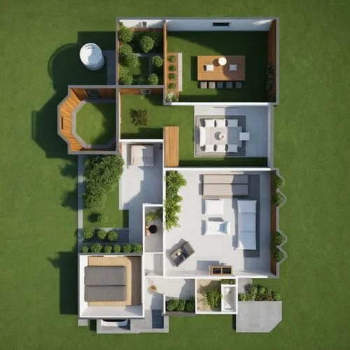 A top-down floor plan of a compact, square house surrounded by grass. The interior features two bedrooms with circular seating areas, a central bathroom, an open living space with kitchen and dining a