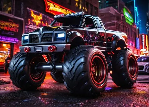 Hot Wheels, Monster Truck, Batman, dark knight, black armor, red eyes, muscular build, massive wheels, rugged tires, aggressive stance, dynamic movement, city street, nighttime, neon lights reflection