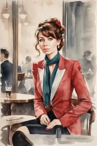 woman at cafe,attendant,earhart,female doctor,tsvetaeva,art deco woman,Digital Art,Watercolor