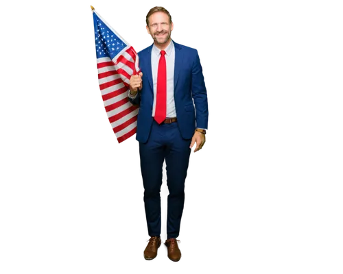 American independence day, solo male, patriotic outfit, white shirt, blue pants, red tie, holding American flag, confident pose, smiling face, detailed wrinkles, mature man, golden lighting, shallow d