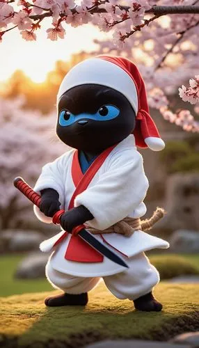 Ninja Stitch, cute ninja, blue eyes, big ears, white fur, red hat, ninja suit, holding a sword, standing on one leg, Japanese garden, cherry blossoms, sunset, warm lighting, shallow depth of field, vi