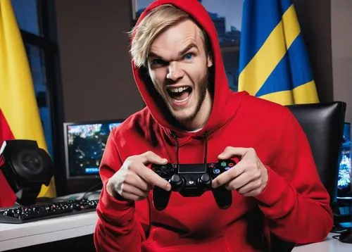 Bro Fist, PewDiePie, male, 25yo, messy blonde hair, bright blue eyes, red hoodie, white t-shirt, dark jeans, black sneakers, holding a gaming controller, excited expression, standing, colorful backgro