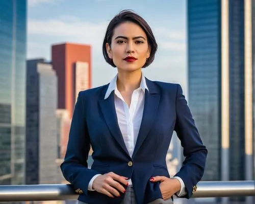 Frida Escobedo, Mexican architect, solo, (35yo), short hair, bold eyebrows, red lips, business casual attire, black blazer, white shirt, dark blue trousers, heels, standing, confident posture, in fron