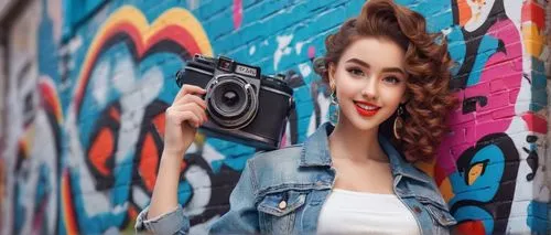 a girl with a camera,photographic background,portrait photographers,portrait background,creative background,jeans background,portrait photography,denim background,concrete background,photo-camera,colorful background,the blonde photographer,painted wall,taking photo,cardboard background,brick wall background,graffiti,street artist,city ​​portrait,photos on clothes line,Unique,3D,3D Character