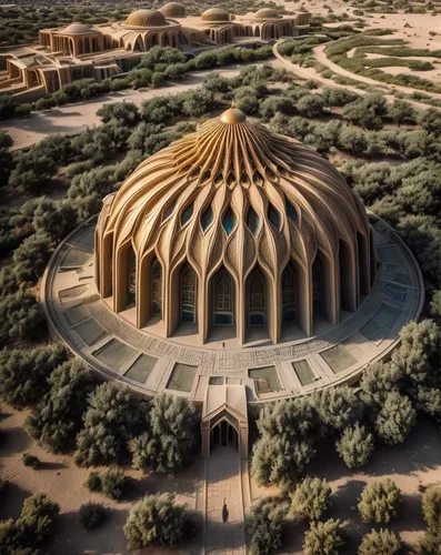 this picture shows a dome structure with a circular floor surrounded by trees,king abdullah i mosque,islamic architectural,qasr al watan,al nahyan grand mosque,qasr al kharrana,persian architecture,qu