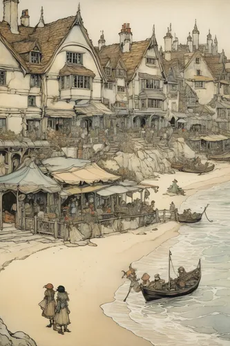 fishing village,popeye village,swanage,seaside resort,robin hood's bay,wooden houses,swanage bay,korean folk village,kate greenaway,cool woodblock images,seaside country,robert duncanson,thames trader,david bates,beach landscape,escher village,cromer,mayflower,seaside,oriental painting,Illustration,Retro,Retro 25