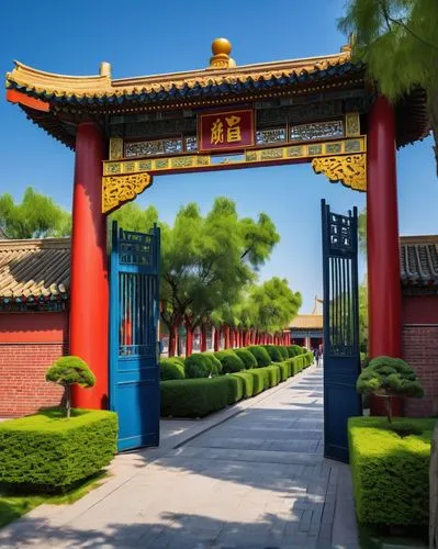 Beijing University of Civil Engineering and Architecture, modern Chinese architecture style, grand entrance gate, red pillars, golden roofs, intricate carvings, lush greenery surroundings, vibrant flo