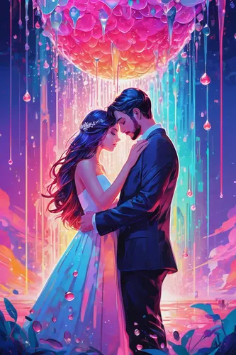 prism ball,romantic portrait,wedding couple,love in air,rainbow background,confetti,romantic scene,love in the mist,the ball,dancing couple,world digital painting,wedding photo,honeymoon,romantic rose,digital painting,colorful background,cg artwork,digital art,digital illustration,umbrellas,Conceptual Art,Daily,Daily 21