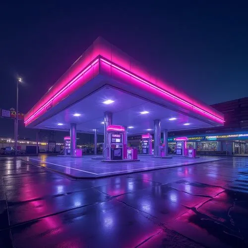 Modern gas station, bold purple color scheme, futuristic architecture, sharp edges, neon lights, glossy finish, metallic texture, sleek lines, dramatic nighttime lighting, low-angle shot, cityscape ba