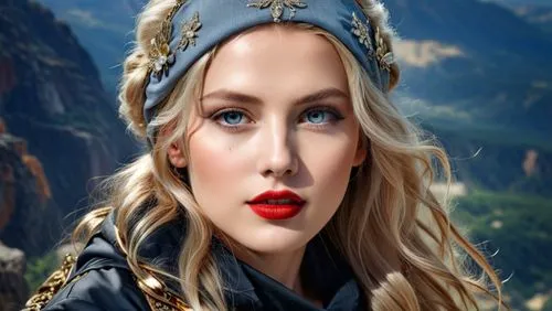 a beautiful blond haired woman in a blue turban,hayat,kazyna,circassia,sarikaya,celtic queen,jaina,Photography,General,Realistic