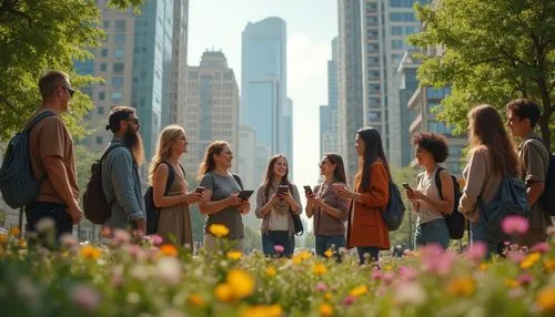 Urban cityscape, modern skyscrapers, community center, vibrant street art, diverse group of people, mixed ages, ethnicities, and abilities, gathering, discussing, smiling, laughing, holding tablets, l