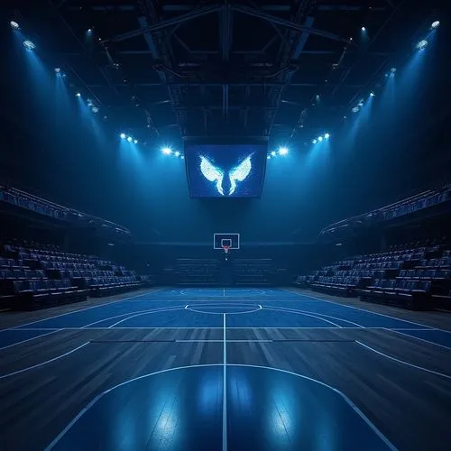 a basketball court with wordless hardwood floors, midnight blue and silver metallic team colors, silver spot lights cutting through the darkness, arena, stadium luxury seating, with jumbotrons line th