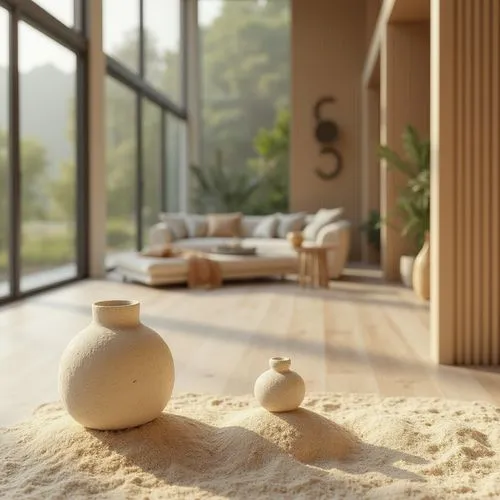 Sand material, design element, natural texture, beige color, rough surface, organic shape, decorative vase, modern living room, floor-to-ceiling windows, minimalist furniture, soft afternoon light, wa