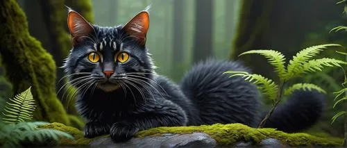 Wild salamandra cat, majestic posture, glowing yellow eyes, whiskers, pointy ears, fluffy fur, striped pattern, claws out, sitting on a rock, misty forest background, vines crawling up trees, ferns, m