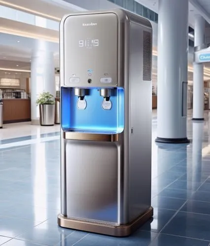 一款饮水机，复古风格，带一些电镀装饰件,a large silver water cooler sitting inside of a building,water dispenser,sodastream,biopsys,watercooler,aircell,coin drop machine,Photography,General,Realistic