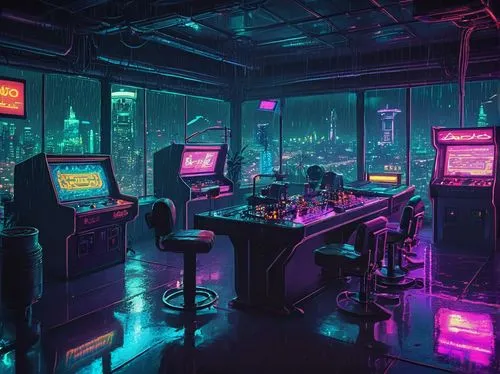 cyberpunk,computer room,game room,arcade,80s,arcade games,retro diner,arcades,aesthetic,the server room,laboratory,arcade game,cyber,1980's,nightclub,sci fi surgery room,scifi,ufo interior,neon coffee,retro,Unique,Pixel,Pixel 04