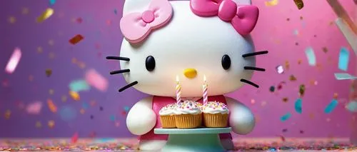 Kawaii Hello Kitty, 3D cartoon character, pink bow, white whiskers, cute facial expression, sparkling eyes, soft fur texture, standing pose, holding a tiny cake, colorful confetti background, festive 