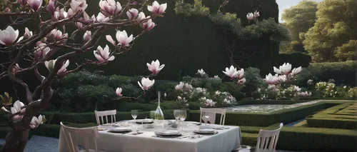 garden party,magnolia trees,magnolia flowers,white magnolia,table setting,tablescape,outdoor dining,magnolia × soulangeana,magnolias,white tulips,flower booth,tearoom,table arrangement,garden white,hyacinths,magnolia,place setting,garden furniture,calla lilies,3d rendering,Conceptual Art,Fantasy,Fantasy 11