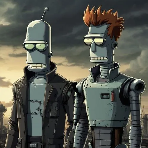 Футурама бендер и фрай,two characters in a cartoon scene of the simpsons,bender,terminators,androids,endoskeleton,automatons,roboticists,Conceptual Art,Fantasy,Fantasy 33