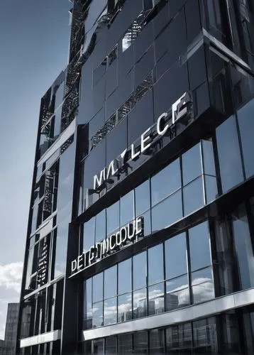 Modern architectural signage, metallic material, silver and black color scheme, sleek font, 3D extruded letters, mounted on a glass wall, corporate office building, urban cityscape, daytime, sunny wea