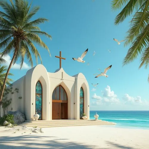 Beachside church, tropical climate, sunny day, clear blue sky, palm trees swaying gently, white sandy beach, turquoise ocean water, seagulls flying overhead, coastal path leading to entrance, modern m