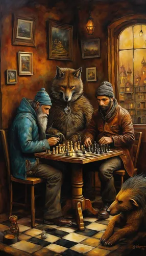 chess game,chess men,chess player,chess,play chess,gnomes at table,chess board,chessboard,cats playing,game illustration,cat's cafe,chessboards,chess pieces,fox stacked animals,vintage cats,chess icons,fantasy art,three wise men,fox hunting,oktoberfest cats,Illustration,Realistic Fantasy,Realistic Fantasy 34