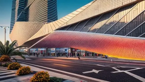 sunset shot, artificial light inner lighting on the ground floor, advertising on the façade, shopping mall on the ground, high quality render, cinematic render, add people walking, interior light, str