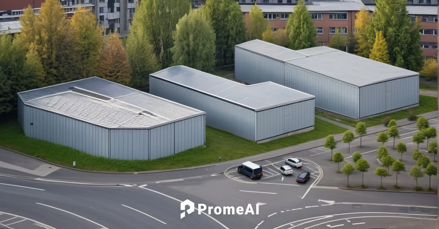 three buildings, separated by a street from a bus station which has a park next to it. ,three commercial buildings near parking spaces in a large city,biozentrum,fachhochschule,hochschule,abbemuseum,h