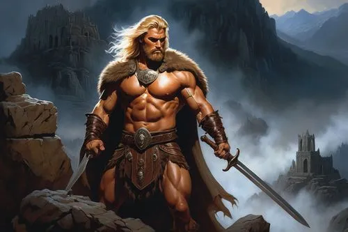 Frank Frazetta-inspired barbarian warrior, Boris Vallejo-style muscles, fierce gaze, flowing blonde hair, braided beard, ornate armor, fur-lined cape, sword in hand, standing victorious, dramatic ligh