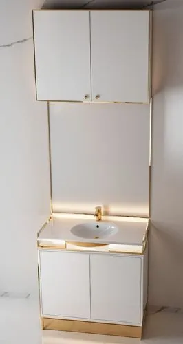 all white bathroom cabinet,a modern sink in the corner of a room with a white and gold cabinet,minibar,storage cabinet,highboard,anastassiades,metal cabinet,credenza,Photography,General,Realistic