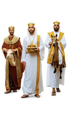 Three Wise Men, Kings, bearded men, Middle Eastern attire, golden crowns, luxurious robes, ornate belts, holding gifts, staffs, camels, warm lighting, soft focus, 3/4 composition, cinematic atmosphere