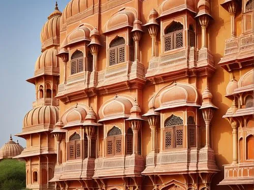 Jaipur architecture, Hawa Mahal-inspired building, intricate stone carvings, ornate balconies, domed roofs, vibrant pink and yellow sandstone, detailed archways, grand entrance gates, Indian-style pil