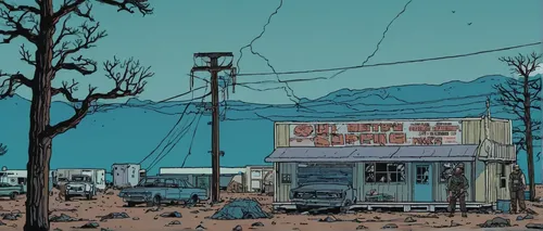 motel,truck stop,holiday motel,convenience store,post-apocalyptic landscape,gas-station,junkyard,electric gas station,trash land,drive in restaurant,wasteland,post apocalyptic,food hut,junk yard,arid land,gas station,post-apocalypse,petrol pump,diner,laundromat,Illustration,American Style,American Style 15