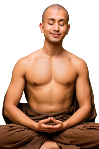 Buddha, meditation pose, eyes closed, peaceful face, shaved head, monk robes, golden brown skin tone, subtle smile, hands in lap, lotus position, serene atmosphere, soft focus, warm lighting, shallow 