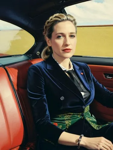 A high resolution photo Portrait of Alice Weidel sitting inside a luxury car.,a woman sitting in the back seat of a car,woman in the car,blanchett,retro woman,girl in car,kodachrome,seydoux,Photograph