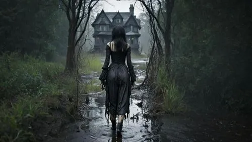 witch house,gothika,covens,walking in the rain,gothic woman,slender