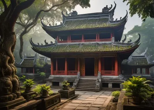 Ancient Vietnamese temple, intricate carvings, curved tiled roofs, vibrant colorful dragons, phoenixes, ceramics, Buddhist statues, lanterns, wooden doors, stone walls, lush greenery, tropical trees, 